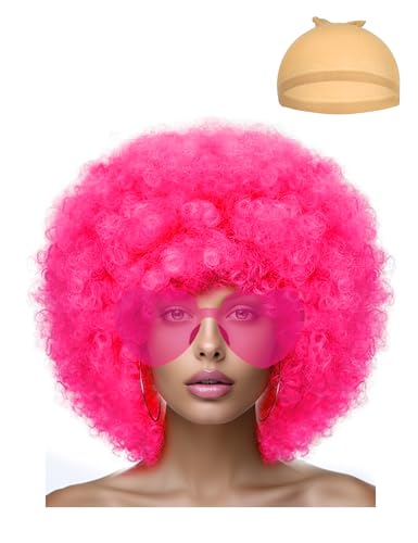 LIULIUBTY Short Bob Hair Wigs Straight with Flat Bangs Synthetic Colorful Cosplay Daily Party Neon Wig for Women + Free Wig Cap 12" Natural As Real (Afro, Hot Pink) - color: Afro, Hot Pink