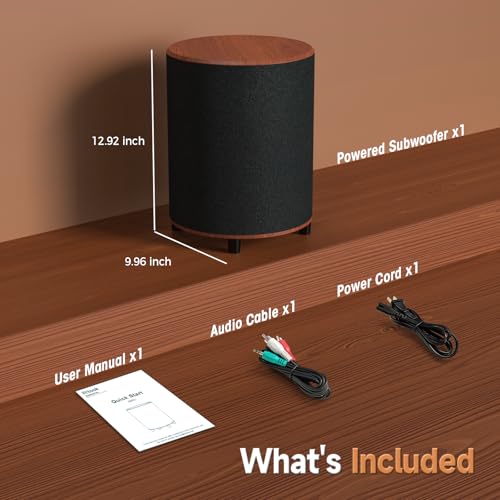 LITTOAK Powered Subwoofer, 6.5’’ Sub with DSP, Up to 100 Watts Home Theater Subwoofers, Down-Firing Subs, Class-D Amp, 40-250Hz, Auto On/Off, Low Pass dial, Phase Switch, Big Bass in Compact Design - color: Brown