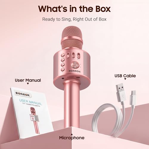 BONAOK Wireless Bluetooth Karaoke Microphone, 3-in-1 Portable Handheld Mic Speaker Machine with Built-in Non-Detachable Battery, for All Smartphones, Gifts to Girls, Boys Kids Adults All Age - color: Champagne