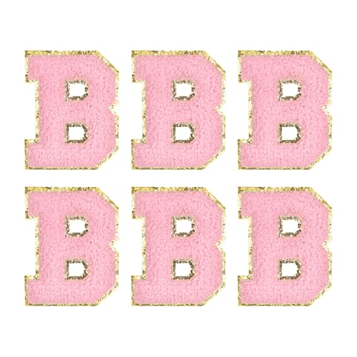 MECCANIXITY Chenille Letter Patches 2.2" Self Adhesive Letter B Stick on Embroidered Patch Sew on Letter Stickers Applique for Repairing Clothing Jeans Shoes Hats DIY(Pink, Pack of 6) - style: Letter-B