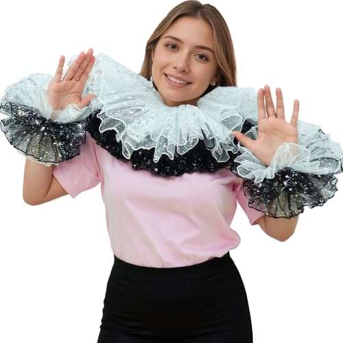 Renaissance Victorian Ruffle Collar and Wrist Cuffs Set Clown Neck Collar Layered Tulle Collar Cuffs - color: Black&white