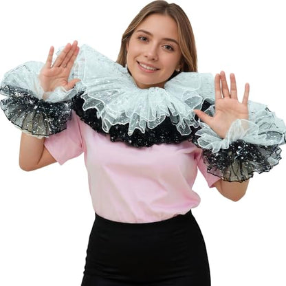 Renaissance Victorian Ruffle Collar and Wrist Cuffs Set Clown Neck Collar Layered Tulle Collar Cuffs - color: Black&white