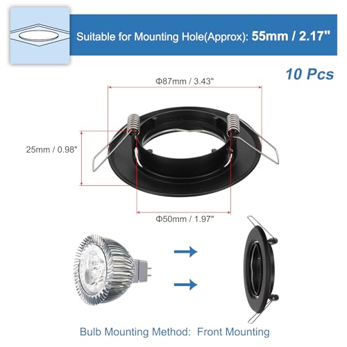 PATIKIL LED Downlight Fixture Housing, 10pcs MR16 GU10 Bulbs Recessed Lights Holder Round Frame Ceiling Spotlights Mounting Frame, Black Aluminum Alloy - color: Black