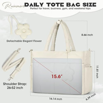 RAINSMORE Laptop Tote Bag for Women Puffer Work Bag Quilted Travel Bags - color: Beige