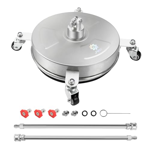 JANZ 14'' Pressure Washer Surface Cleaner | 4 Wheels, Stainless Steel Housing, 1/4'' Quick Plug, 2 Extension Wands, 2 Replacement Nozzles and 3 Spray Nozzles,4000 PSI - size: 14 Inch Silvery White