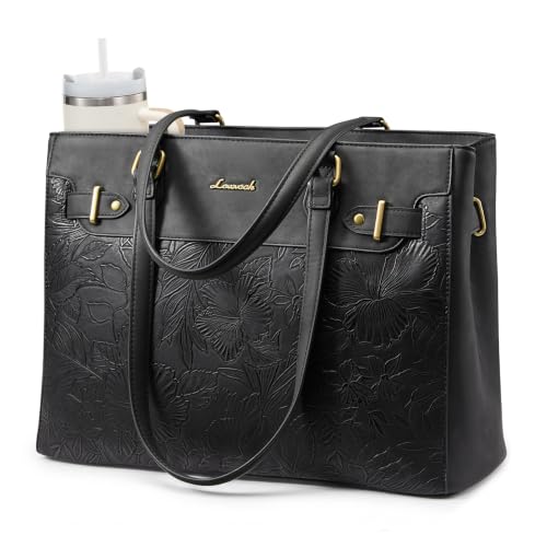 LOVEVOOK Laptop Tote Bag for Women Work, Teacher Tote Bag with Large Cup Holder, Waterproof Leather Computer Bag - color: Black-print, size: 15.6 inch