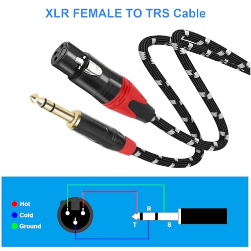 XLR Female to 1/4 (6.35mm) TRS Mono Jack Microphone Cable, 6.6 FT, 2 Pack, Black and White Grid Protective Layer, Balanced 3 Pin XLR to Quarter inch TRS Plug Mic Cord, Pure Copper and Plated Pin - size: 6.6 FT 2 Pack, style: B/W 6.35 to XLR Female