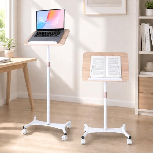 Rolling Floor Book Stand with Wheels, Reading Stand Book Holder | 16.5 x 11.8 in large panel | 19–57 in height adjustable| 360° angle | Lockable wheels | For books, sheet music, laptop - color: Oak White