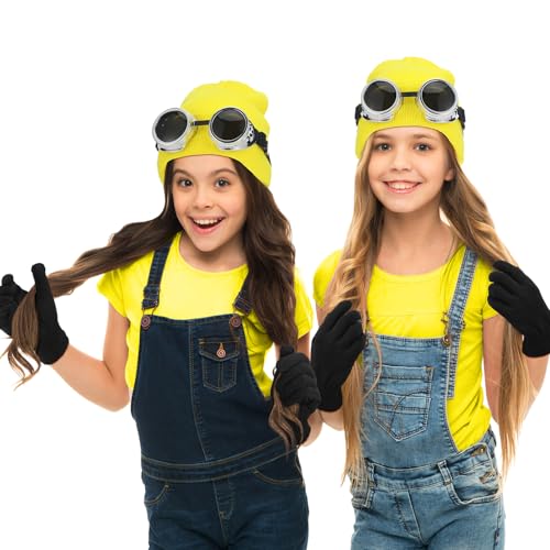 18 Pcs Yellow Cartoon Character Costume Accessory Adult Halloween | Steampunk Yellow Beanie Hat Goggles Gloves Set, Cosplay Themed Dress Up, Group Costume Men Women