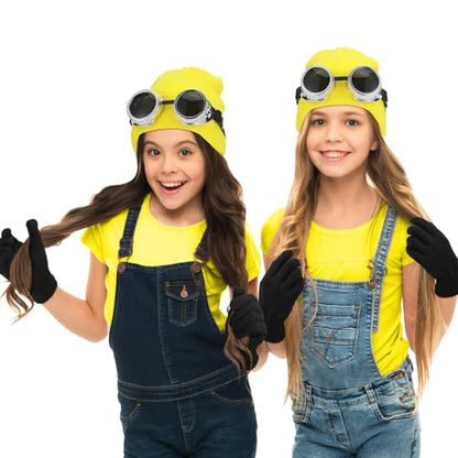 18 Pcs Yellow Cartoon Character Costume Accessory Adult Halloween | Steampunk Yellow Beanie Hat Goggles Gloves Set, Cosplay Themed Dress Up, Group Costume Men Women