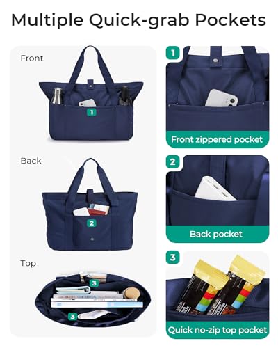 BAGSMART Tote Bag for Women, Foldable Tote Bag With Zipper Travel Shoulder Bag Handbag for Work - color: Navy Blue