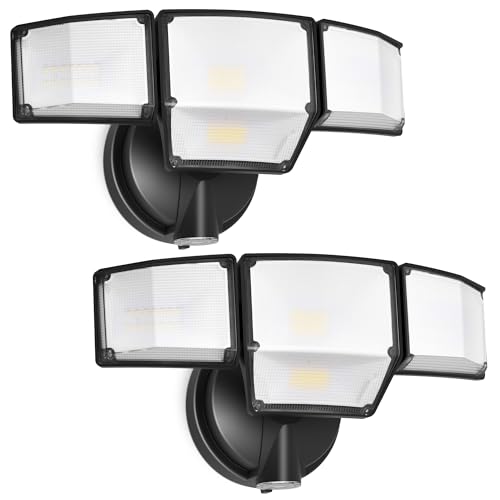 LUTEC 80W Dusk to Dawn Flood Lights Outdoor, 9000LM Super Bright LED Security Light with Photocell, IP65 Waterproof, 5000K Daylight, Hardwired 4 Heads Floodlight for Garage, Yard -2 Pack (Black) - color: Black, size: 2 Pack
