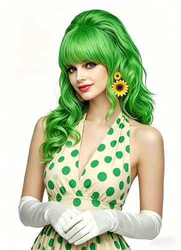 Rugelyss Long Wavy Light Green Wig with Bang Big Bouffant Beehive Wigs for Women fits 80s Costume or Halloween Party - color: grass green