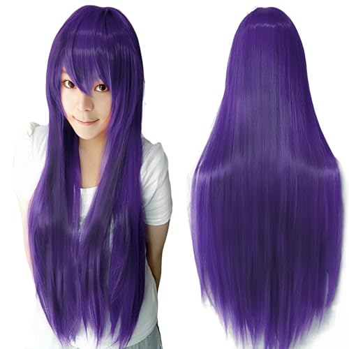 80cm Long Straight Natural Hair Cosplay Wigs with Bangs Colorful Halloween Costume Party Wig for Women (Dark Purple) - color: Dark Purple
