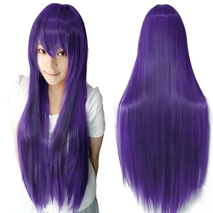 80cm Long Straight Natural Hair Cosplay Wigs with Bangs Colorful Halloween Costume Party Wig for Women (Dark Purple) - color: Dark Purple