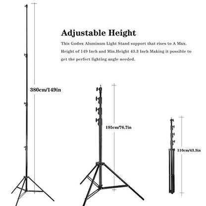 Godox 149 Inches Heavy Duty Aluminum Photography Light Tripod Stand for Aputure Ls60W 300D II Godox SL-60W SL-150II FV150 FV200 AD300PRO AD400PRO Studio Photography Lighting | Compatible with Aputure 200D 300D Godox SL60W SL150WII AD300Pro AD400Pro Studio