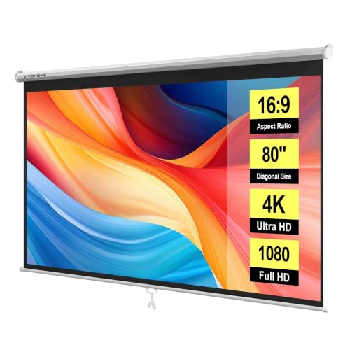 VIVOHOME 80 Inch 16:9 Pull Down Projector Screen, White | Manual Retractable 4K Projection Screen for Home Theater, Roll Up ALR Movie Screen for Ceiling and Wall Mount - color: White, size: 80" Diagonal (16:9)