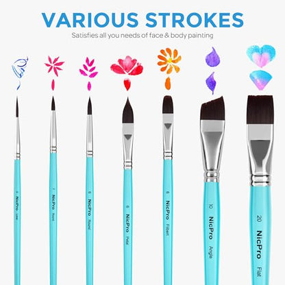 Nicpro Face Paint Brush Set, 7PCS Face & Body Painting Brushes | Synthetic Nylon Hair with Aqua Blue Handles, Makeup Paintbrush Kit for Kids, Halloween, Cosplay, School Events & Summer Camp - color: Blue