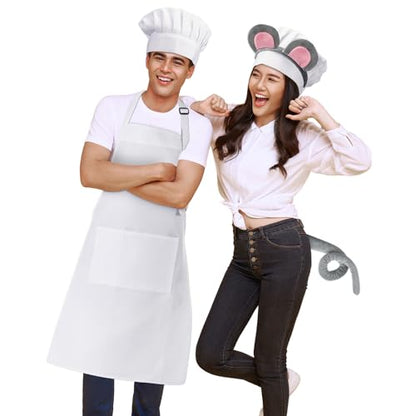 Ramede 6 Pcs Halloween Mouse Couple Chef Costume Accessories for Adult Include Mouse Headband Tail Bow Socks Adjustable Chef Hat Apron for Women Men Halloween Cosplay Party Dress Up