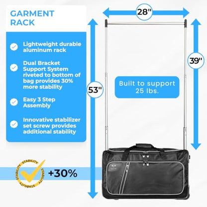 Travolution Dance Bag with Garment Rack, 24 Inch Rolling Duffel With Wheels, Ideal for Competitions & Travel, Easy-assembly Lightweight Aluminum Clothes Rack, Wheeled Upright Luggage, Black/Gray - color: Black 24"