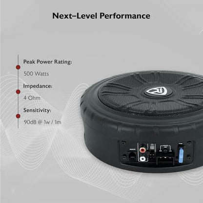 Rockville Wheel of BASS 8 Inch Slim Under-Seat Powered Truck/Car Subwoofer | 500W Peak, 125W RMS, Cast Aluminum, Metal Bass Knob, Auto Turn-On, High/Low Level Inputs, MOSFET