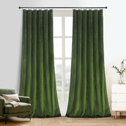 Roslynwood Velvet Moss Green Curtain 63 inch Long - Curtains Room Darkening Thermal Insulated Rod Pocket Window Panels Drapes for Bedroom/Living Room,W52 x L63, 2 Panels - color: Moss Green, size: 52"W x 63"L (Pack of 2)