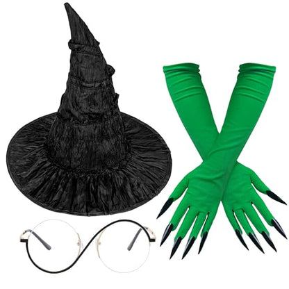 Horolam Halloween Elphaba Costume Accessories, Witch Costume Hat with Glasses Green Gloves for Adult Women Cosplay Dress Up
