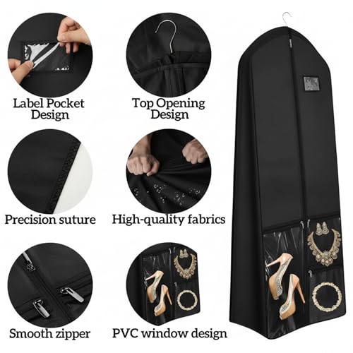 72" Long Wedding Dress Garment Bag with 10" Gusset, Bridal Gown Storage Cover with 4 Pockets, Dress Bag for Women Gowns,Prom,Ballgowns, (Black and Clear) - color: Black and Clear