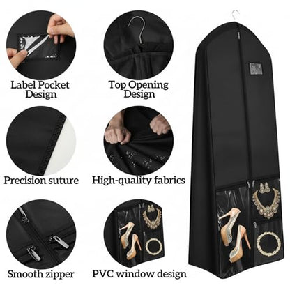 72" Long Wedding Dress Garment Bag with 10" Gusset, Bridal Gown Storage Cover with 4 Pockets, Dress Bag for Women Gowns,Prom,Ballgowns, (Black and Clear) - color: Black and Clear