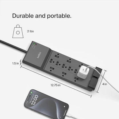 Belkin Power Strip Surge Protector - 12 AC Multiple Outlets & 8 ft Long Flat Plug Heavy Duty Extension Cord for Home, Office, Travel, Computer, Laptop & Phone Charging Brick (3,940 Joules), Pack of 3 - style: w/ Coaxial Phone Protection - 3 Pack