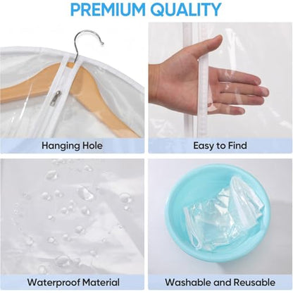 60” All Clear Garment Bags for Travel - PEVA Waterproof Suit Cover with Zipper for Hanging Clothes, long Gowns - Durable Dresser for Closet Storage, Dustproof & Moisture Resistant - 60”/12 Pack - size: 60" -12 Pack