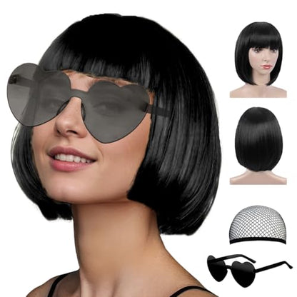 LIULIUBTY Short Bob Hair Wigs Straight with Flat Bangs Synthetic Colorful Cosplay Daily Party Neon Wig for Women + Free Wig Cap 16" Natural As Real - color: Black