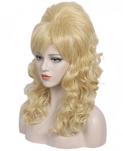 Linfairy Long Wavy Blonde Mixed Wig Big Bouffant Beehive Wigs for Women fits 50s 80s Costume - color: Blonde Mixed