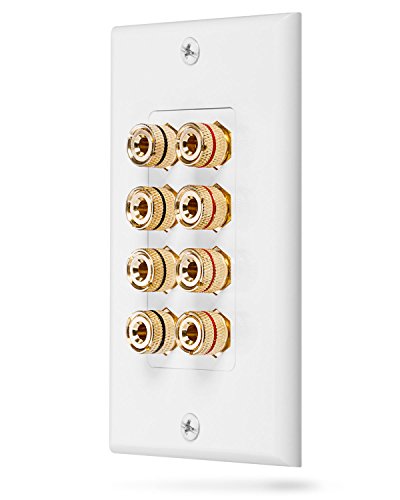 Fosmon Quad Speaker Home Theater Banana Binding Post Coupler Wall Plate | 4 Speaker White Gold Plated Copper Audio Distribution Outlet Faceplate for Quad Surround Sound Wire Connection Systems - size: Four Speaker