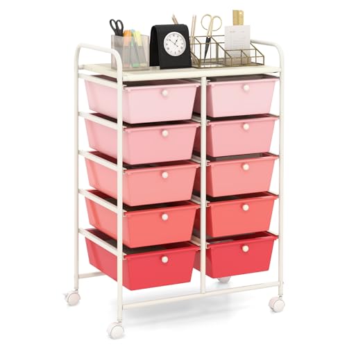 HAPPYGRILL 10-Drawer Rolling Storage Cart, Storage Organizer Cart with Lockable Wheels, Beauty Salon Movable Utility Cart for School, Office, Home, (Pink) - color: Pink, size: 10 Drawer