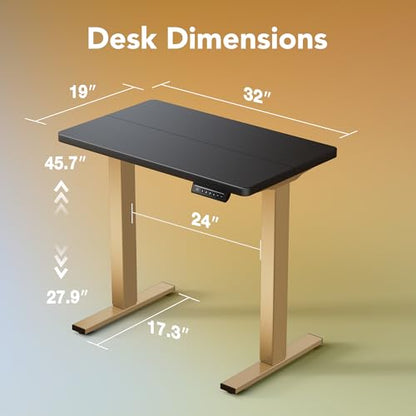 HUANUO 32" Small Electric Standing Desk Adjustable Height, 4 Memory Height Settings, Sit Stand Up Desk for Home Office & Computer Workstation, Black and Gold Frame | 176 Lbs Capacity, Rounded Corners, Wheel-Ready Feet, Compact Desktop, Apartment Workspace