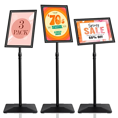 3 Packs Heavy Duty Pedestal Poster Sign Stand, 11"x17" Adjustable Floor Standing Sign Holder with 6.6Lbs Solid Steel Base for Vertical and Horizontal View Sign Displayed Stands, Black - color: Black, size: 11"x17"-3Pcs