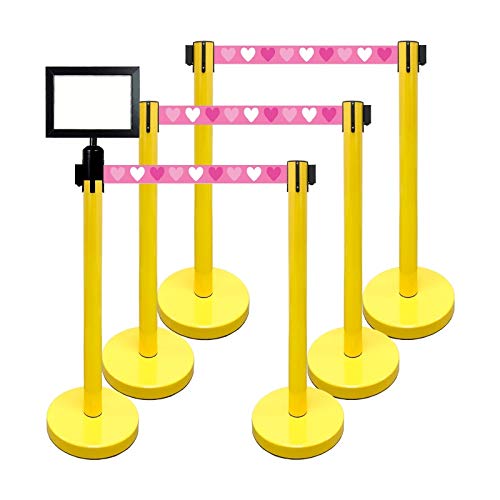 Retractable Stanchion, 6 SPECIALTY Posts + Signframe, 36" Ht, 78" Special Event & Holiday Theme Belt + Bonus Replacement Cassettes + Wall Receiver (Yellow Post/Valentine Belt) - color: Yellow Post/Valentine Belt