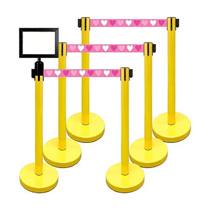 Retractable Stanchion, 6 SPECIALTY Posts + Signframe, 36" Ht, 78" Special Event & Holiday Theme Belt + Bonus Replacement Cassettes + Wall Receiver (Yellow Post/Valentine Belt) - color: Yellow Post/Valentine Belt