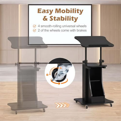 Tangkula Mobile Lectern Podium, Height Adjustable Podium Stand, Standing Sit-to-Stand Desk, Rolling Cart Laptop Desk with Swivel Top Movable Wheels & Storage - color: Black, size: 20" x 16" x 44"