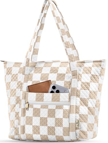 Miss Adola Quilted Shoulder Tote Bag with Zipper for Women | Multi-Pocket Storage, Quilted Cotton Texture, Large Capacity, Top Zipper Closure, 16 Inch Laptop Fit, Work Travel Teacher - color: Beige Checkered