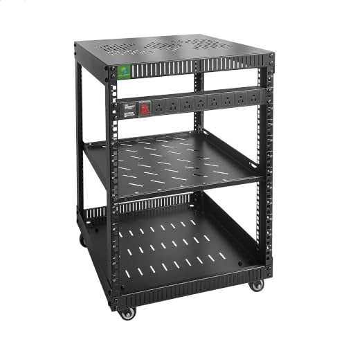 RIVECO 12U Network Rack with Reinforced Top Cover - 4 Post Floor Rack on Wheels for 19" Equipment & Stereo Gear- Including Rack Mount Power Strip & 1PCS 1U Rack Shelf - size: 12U