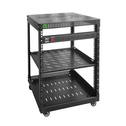 RIVECO 12U Network Rack with Reinforced Top Cover - 4 Post Floor Rack on Wheels for 19" Equipment & Stereo Gear- Including Rack Mount Power Strip & 1PCS 1U Rack Shelf - size: 12U