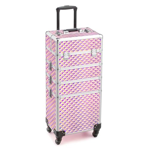 mefeir 4-in-1 Rolling Makeup Train Case Lift Handle,4 Removable Wheels Lockable Keys,Aluminum Cosmetic Trolley Beauty Stylist Artist Organizer Box,Ideal Xmas New Year Gift (Diamond Pink) - color: Diamond Pink