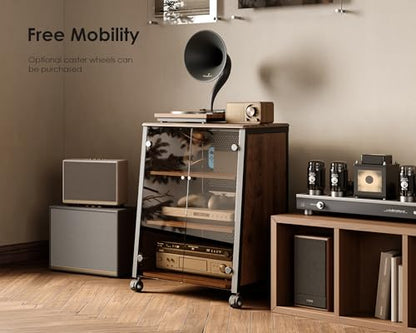 FITUEYES 4-Tier Media Stand with Brown Glass Doors Audio Rack with Adjustable Shelves Stereo Cabinet Protection Equipment for Vinyl Record Player Stereo Receivers Audio Gear, Eiffel Series