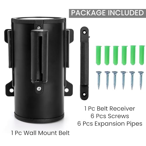 Wall Mount Retractable Belt, 16 Feet | Crowd Control Wall Barrier with Steel Case, Black Yellow Caution Flood Traffic Belt Diagonal Stripe for Grocery, Retail Store