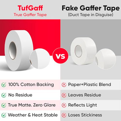Professional White Gaffers Tape (2 inch x 55 Yards), Heavy Duty, No Residue, Matte Non-Reflective, Residue-Free, Multipurpose, Heavy Duty Gaffer, Water-Resistant, Strong Fabric Floor Tape