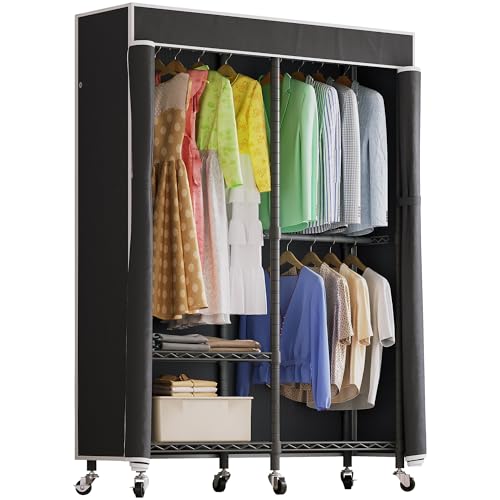 Higeego H9 Garment Rack with Cover, Heavy Duty Clothing Rack for Hanging Clothes, Portable Closet with wheels, Wardrobe Closet with Adjustable Shelves, Black Rack Shelf with Black Fabric Cover - style: with Black Cover