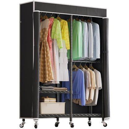 Higeego H9 Garment Rack with Cover, Heavy Duty Clothing Rack for Hanging Clothes, Portable Closet with wheels, Wardrobe Closet with Adjustable Shelves, Black Rack Shelf with Black Fabric Cover - style: with Black Cover