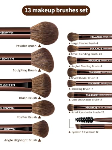 MAANGE 13 PCS Makeup Brushes Professional Make Up Brushes Premium Synthetic Powder Concealers Brushes Travel Makeup Brush Set with Case (Brown) - color: Brown
